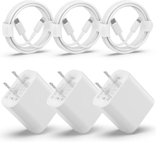 IPhone Charger Fasting charger: 3 Pack 20W Apple Type C Wall Charger Block with 6FT Long USB C to lightning cable Compatible w