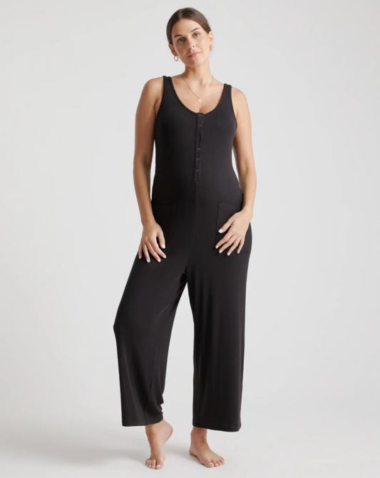 Tencel Rib Maternity & Nursing Jumpsuit. Color:Black, Size:Small